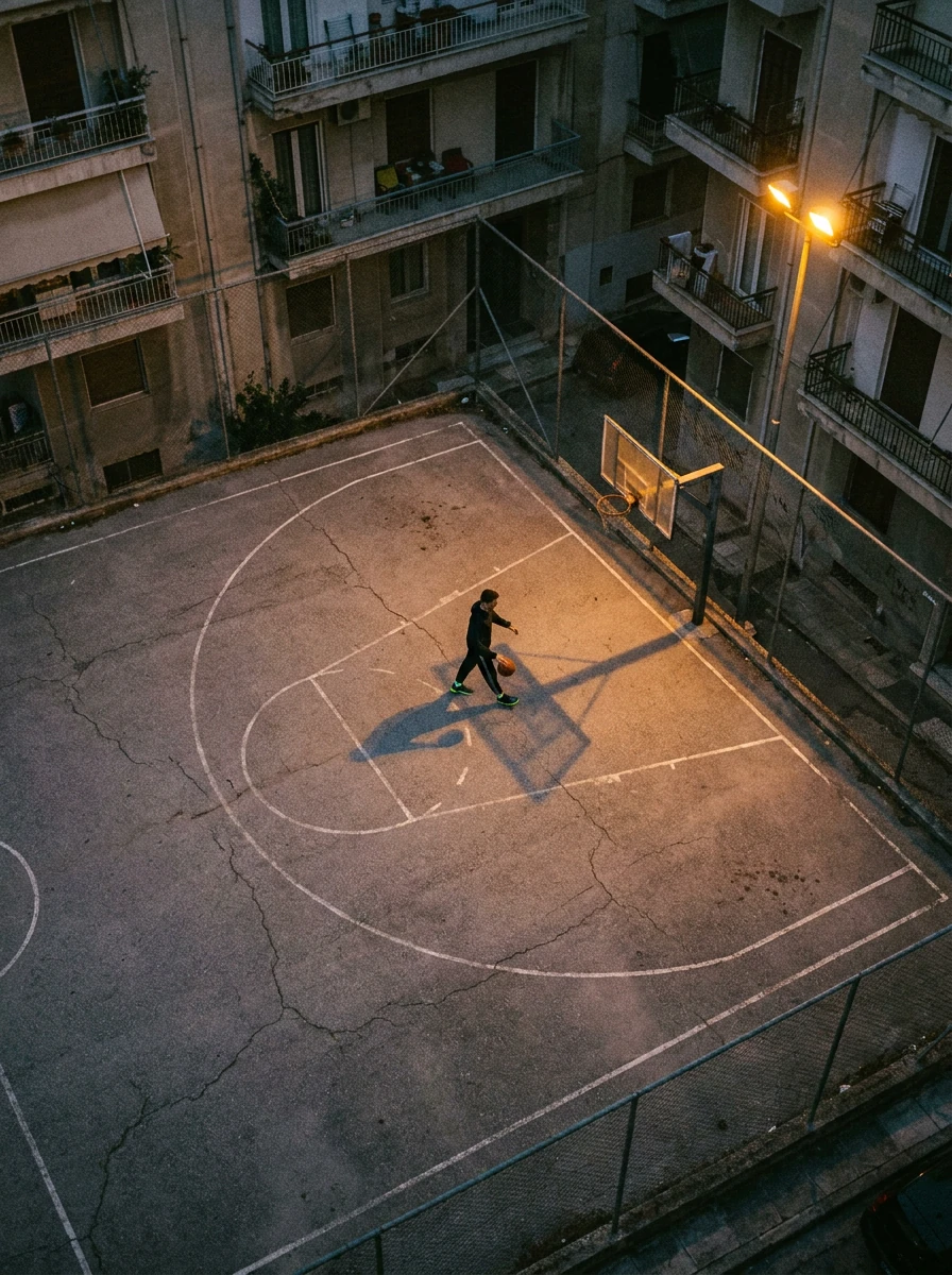 Concept sorta / γήπεδο στην πόλη στο σούρουπο. Εικόνα με AI.
