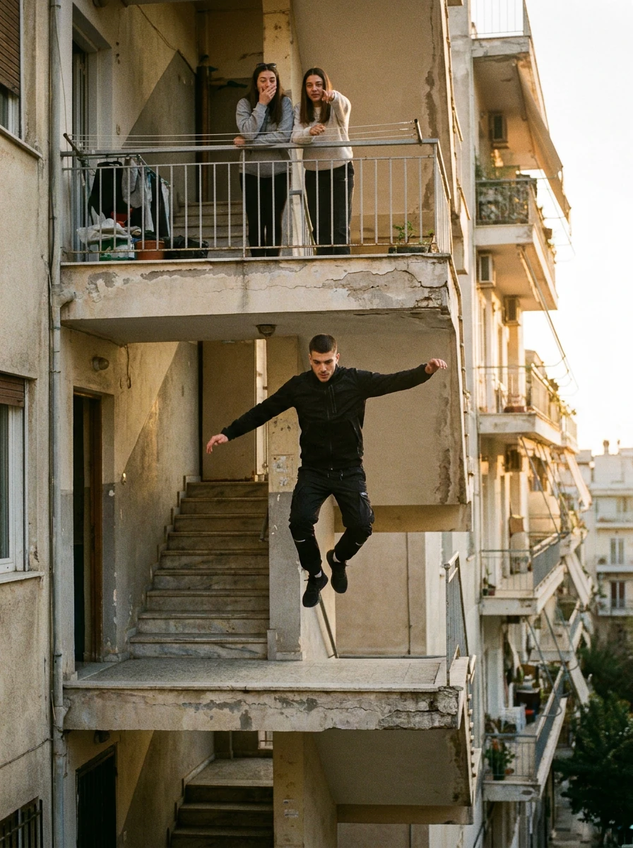 sorta / σκηνή κίνησης σε πολυκατοικία. Φανταστική σκηνή, δημιουργημένη με AI.