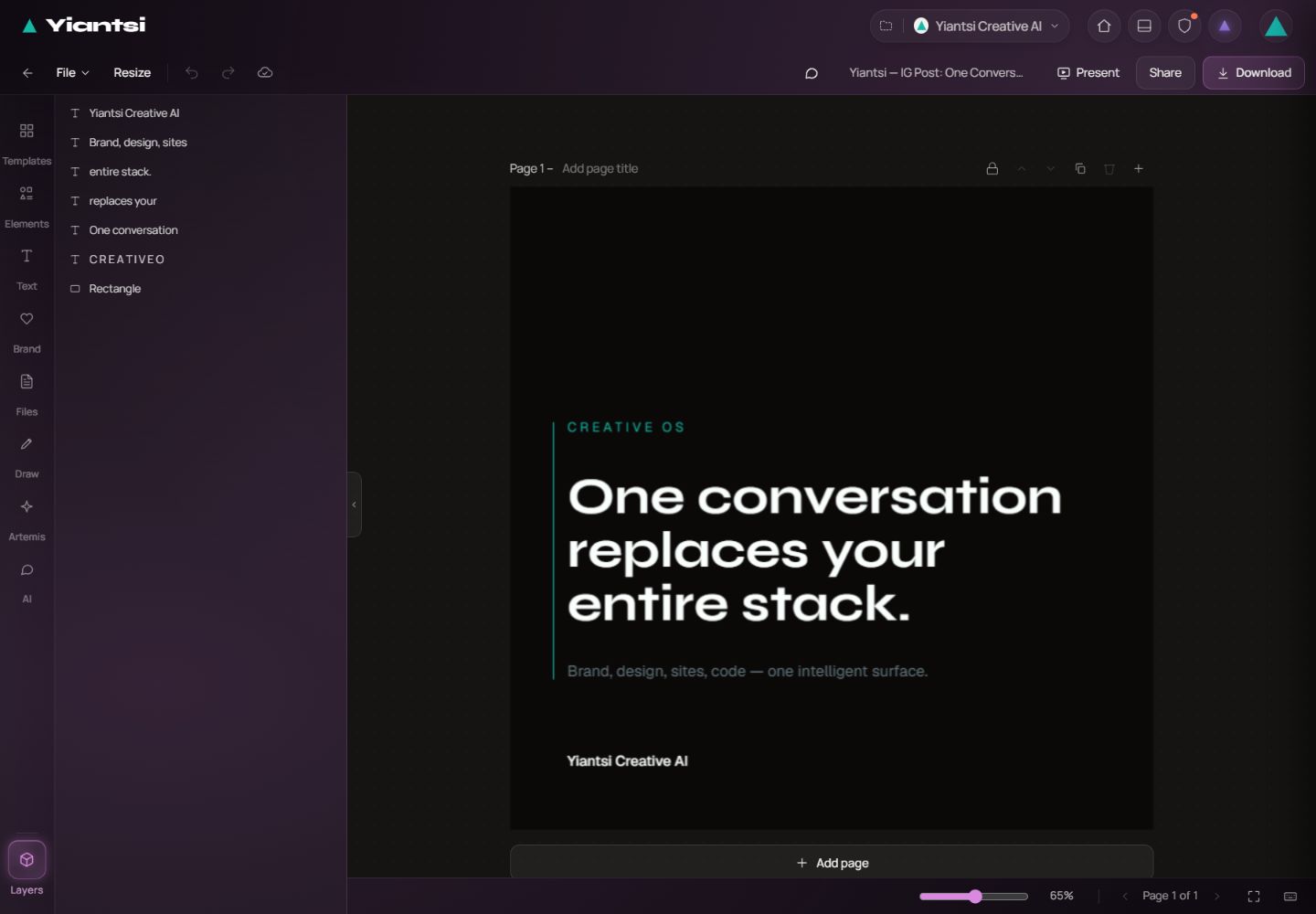 Το ήδη αποθηκευμένο σχέδιο «One Conversation» της Yiantsi μέσα στον πραγματικό καμβά, με τα επίπεδα ανοικτά. Δεν αλλάχτηκε το έργο και δεν έγινε εξαγωγή.