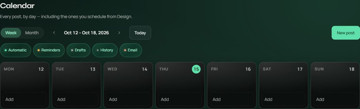 Η πραγματική εβδομαδιαία προβολή του Workflows, κενή για τη συγκεκριμένη εβδομάδα. Η περιοχή με ιδιωτικά πρόχειρα έχει μείνει έξω από το κάδρο. Δεν προγραμματίστηκε ανάρτηση.